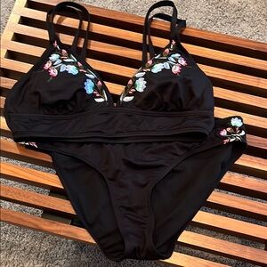 Floral Embroidered Black Bikini Set by Gibson Latimer Medium
